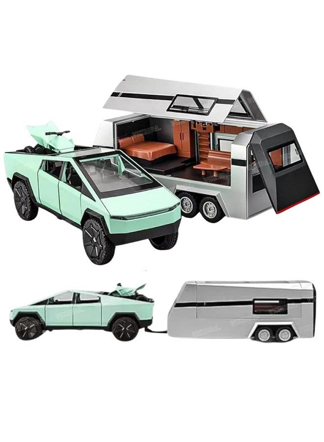 VikriDA 1/32 Pickup Trailer RV Model Kit, Off-Road Vehicle Alloy,Car Model Diecast Metal Toy,Truck Model Simulation Sound Light,Gifts for boy Girl (Green) - Image 1