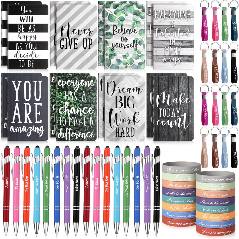 PerKoop 64 Pcs Inspirational Gifts Bulk 16 Motivational Notebooks Journal 16 Ballpoint Pens 16 Positive Wristbands 16 Keychains for Teacher Office Women Employee Party Favor (Greenery) - Image 1