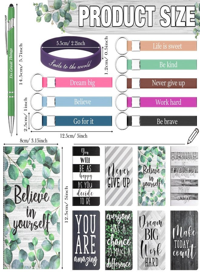 PerKoop 64 Pcs Inspirational Gifts Bulk 16 Motivational Notebooks Journal 16 Ballpoint Pens 16 Positive Wristbands 16 Keychains for Teacher Office Women Employee Party Favor (Greenery) - Image 2