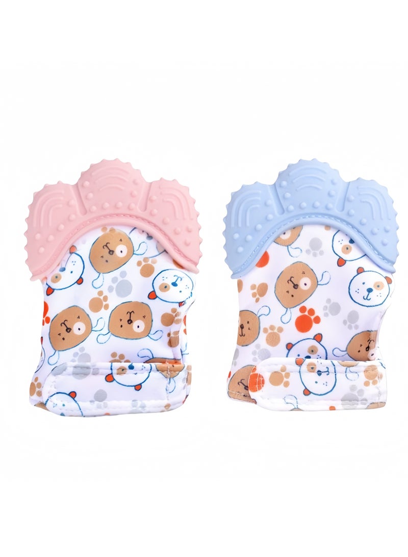 2Pcs Silicone Soothes Cranky Baby Teething Gloves, Safe, Durable, and Skin-friendly, Early Basic Training Hygenic Silicone Teething Mitten Glove For Baby（Pink+Blue）  - Image 2