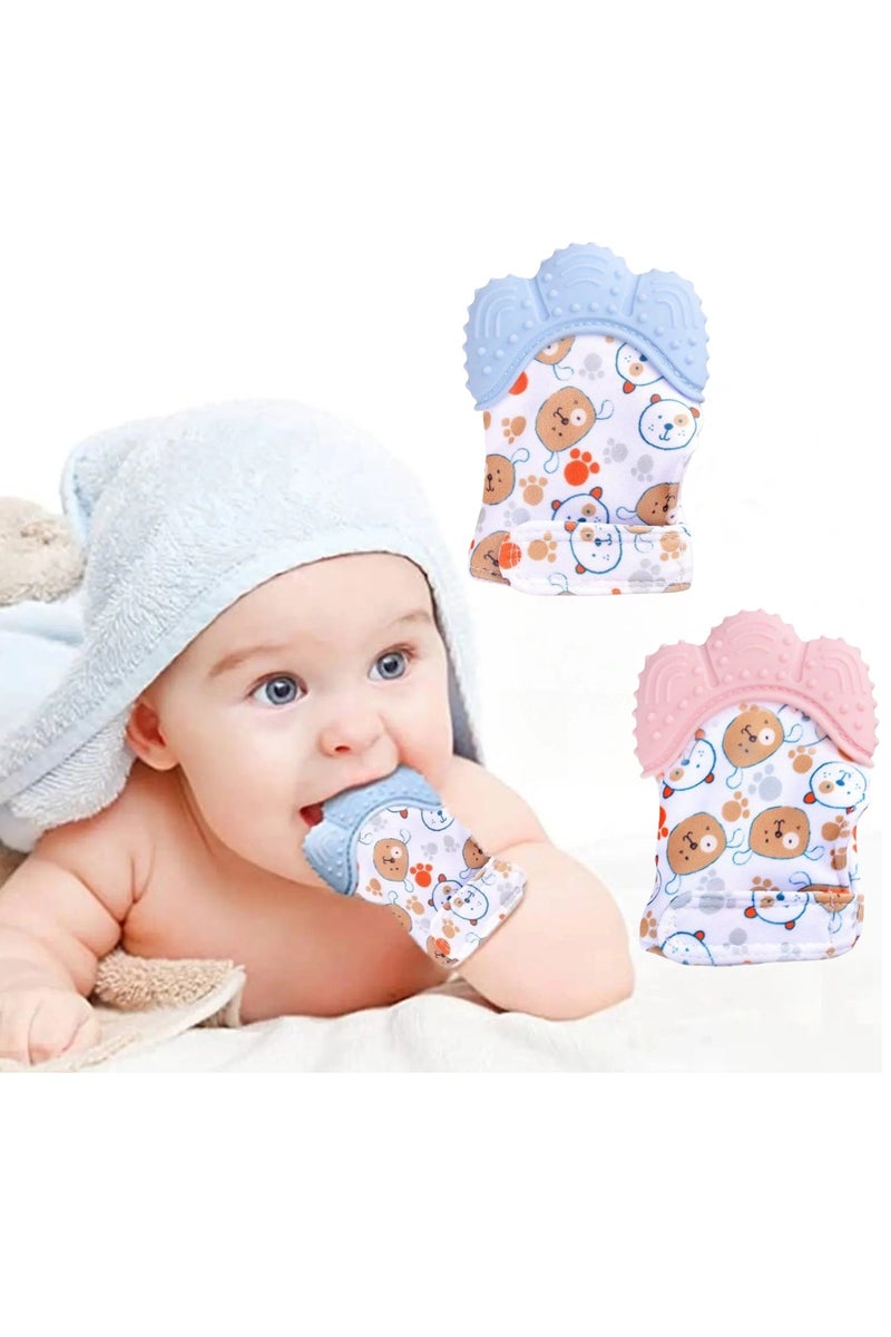 2Pcs Silicone Soothes Cranky Baby Teething Gloves, Safe, Durable, and Skin-friendly, Early Basic Training Hygenic Silicone Teething Mitten Glove For Baby（Pink+Blue）  - Image 1