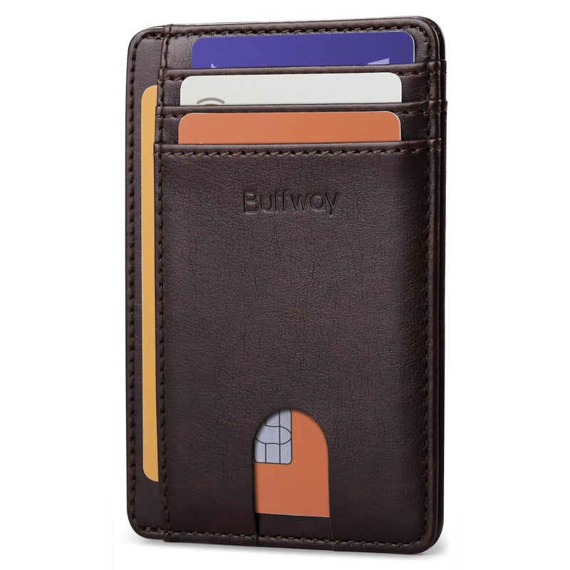 Buffway Slim Minimalist Front Pocket RFID Blocking Leather Wallets for Men and Women - Pebble Brown - Image 1