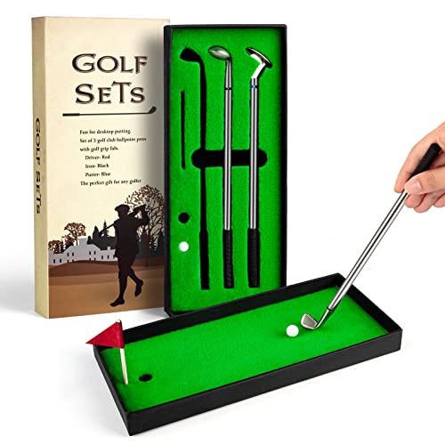 Juboury Mini Desktop Golf Pen Gift Set with Putting Green Flag 3 Golf Club Pens 2 Balls - Image 1