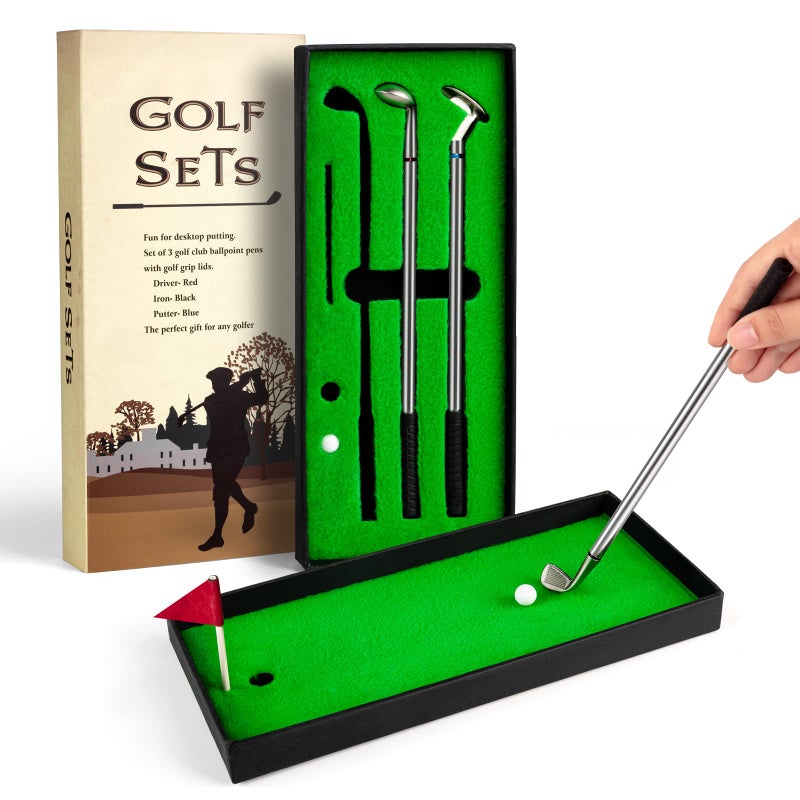 Juboury Mini Desktop Golf Pen Gift Set with Putting Green Flag 3 Golf Club Pens 2 Balls - Image 2