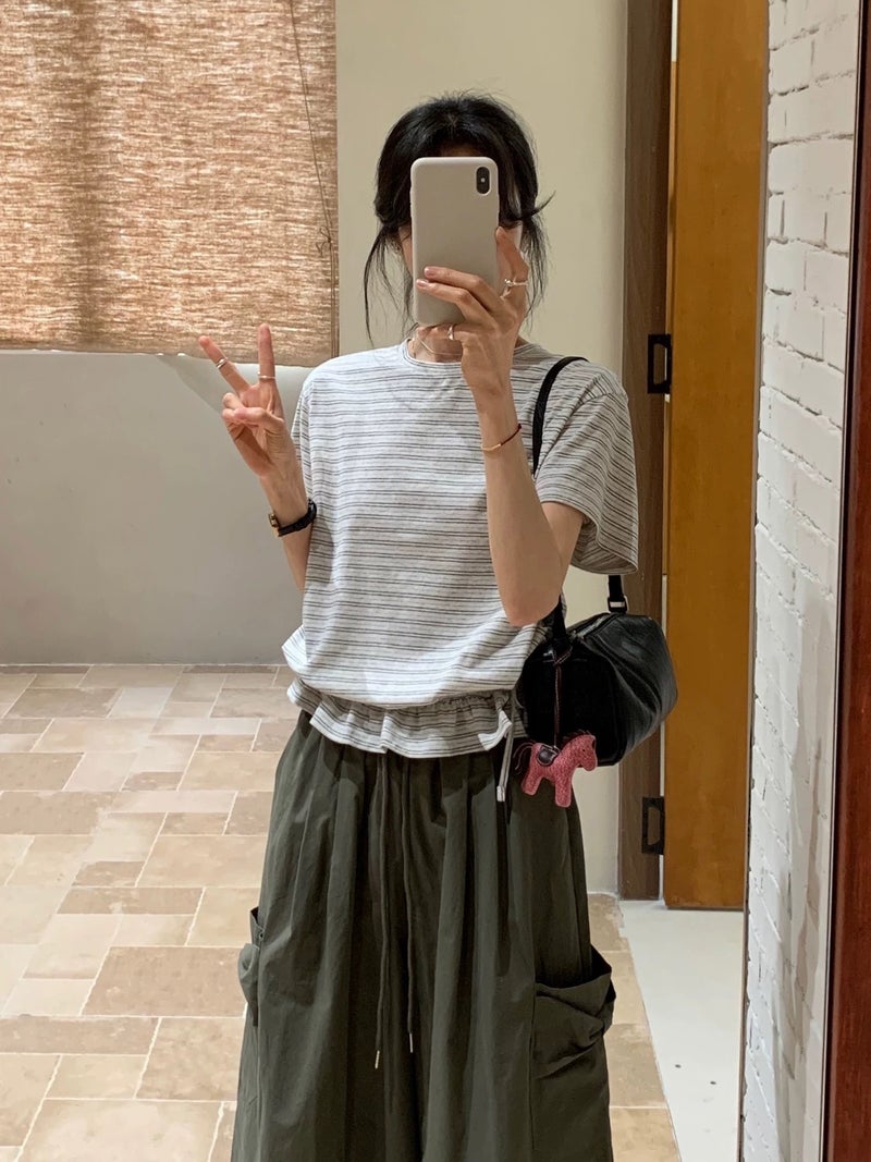 Korean Style Striped Short-Sleeved T-Shirt with Drawstring Hem for Women, Casual Round Neck Versatile Top, 2026 Spring and Summer New Style - Image 4