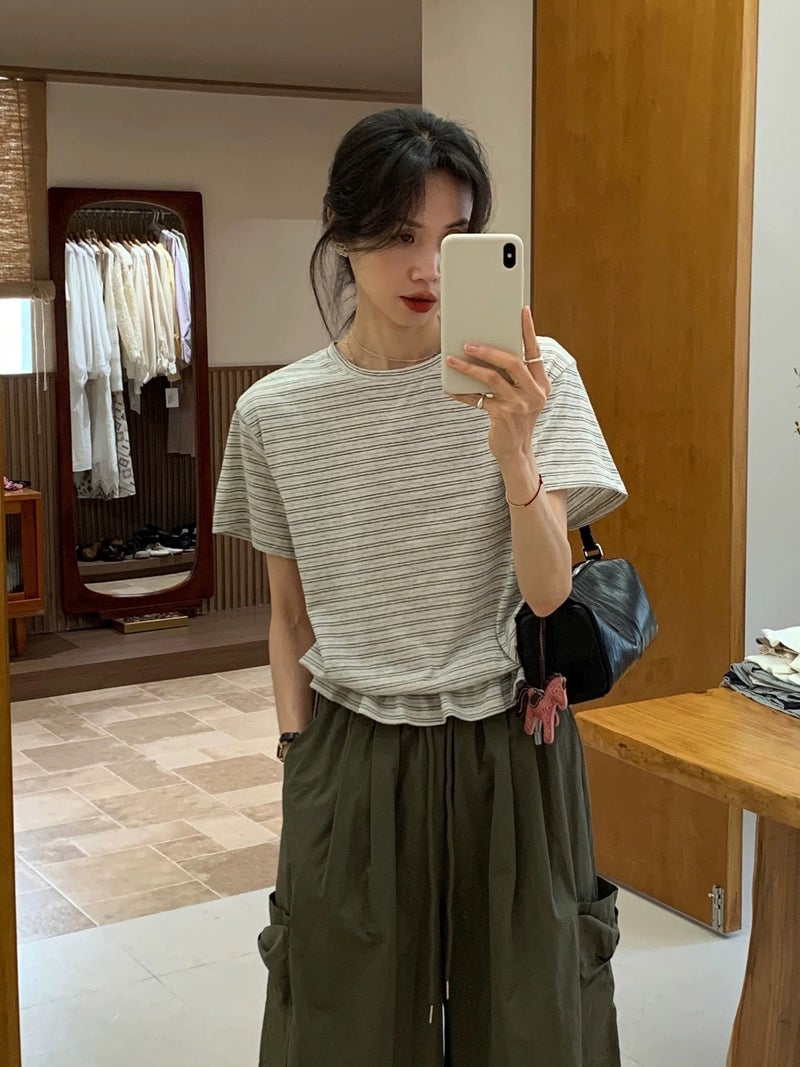 Korean Style Striped Short-Sleeved T-Shirt with Drawstring Hem for Women, Casual Round Neck Versatile Top, 2026 Spring and Summer New Style - Image 3