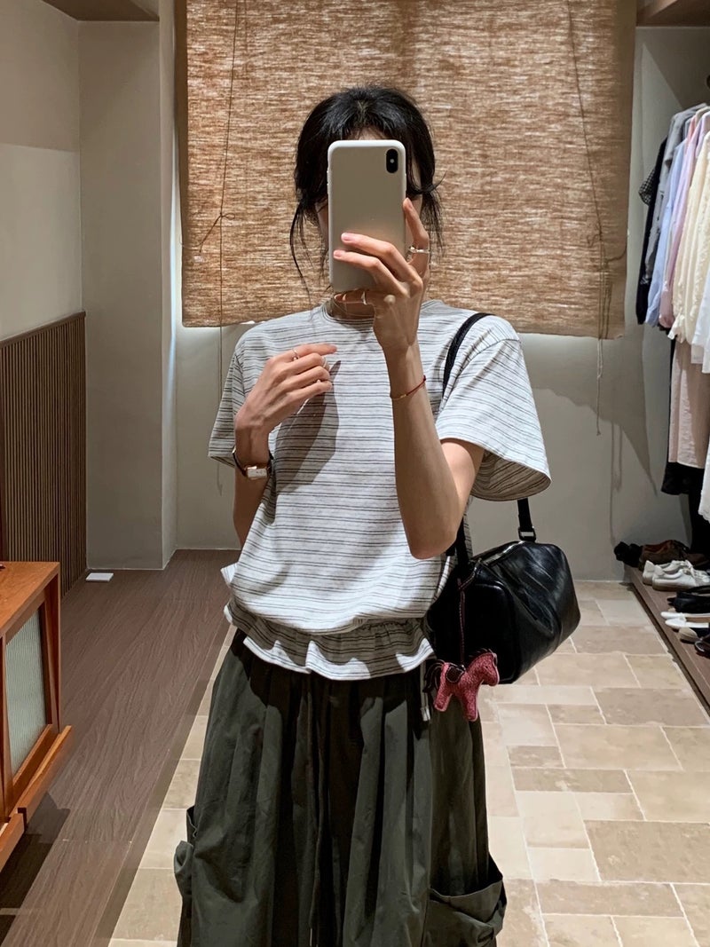 Korean Style Striped Short-Sleeved T-Shirt with Drawstring Hem for Women, Casual Round Neck Versatile Top, 2026 Spring and Summer New Style - Image 5