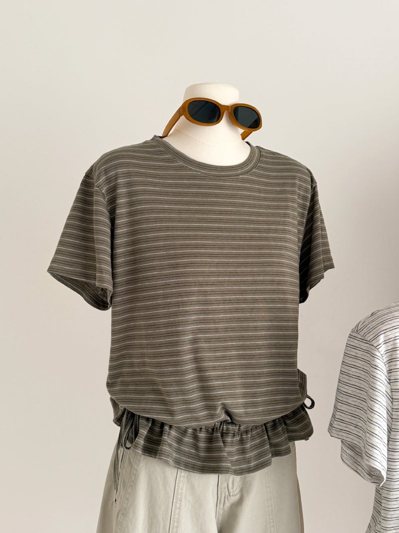 Korean Style Striped Short-Sleeved T-Shirt with Drawstring Hem for Women, Casual Round Neck Versatile Top, 2026 Spring and Summer New Style - Image 1