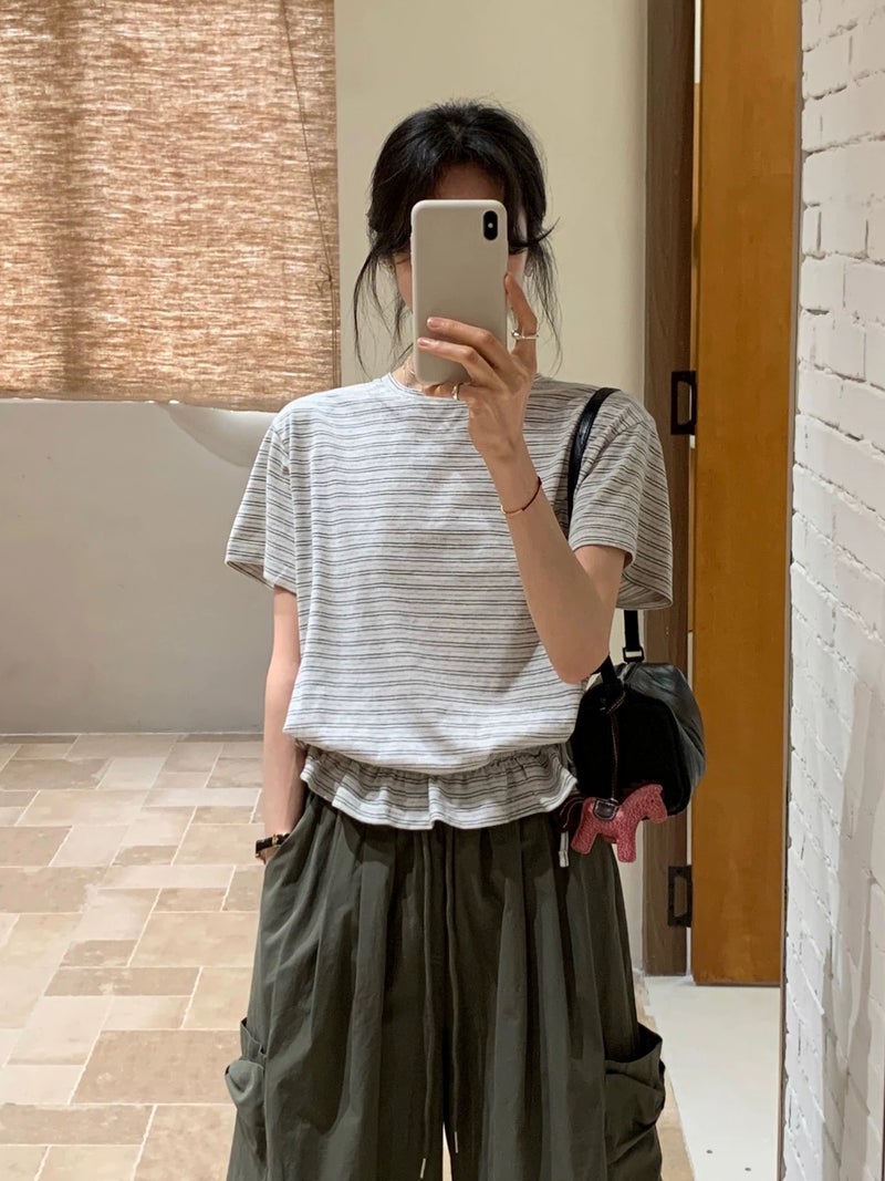 Korean Style Striped Short-Sleeved T-Shirt with Drawstring Hem for Women, Casual Round Neck Versatile Top, 2026 Spring and Summer New Style - Image 2