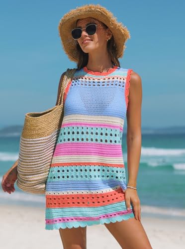 popvil Women’s Swimsuit Crochet Swim Cover Up 2026 Sleeveless Loose Bathing Suit Swimwear Mesh Knit Beach Dress,Blue, Small - Image 4