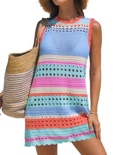 popvil Women’s Swimsuit Crochet Swim Cover Up 2026 Sleeveless Loose Bathing Suit Swimwear Mesh Knit Beach Dress,Blue, Small - Image 1