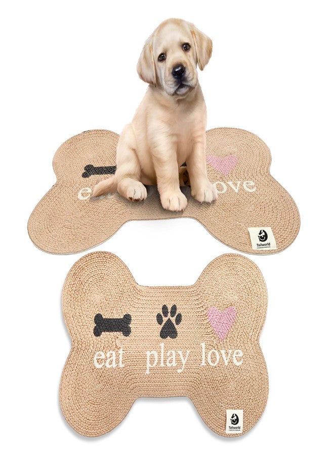 Tailworld Bone Shape Handwoven Woof Pet Mat for Dog & Cat|Hand Braided| Skin Friendly Food Mat| Floor Mat|Pet Area Carpet|Non-Slip Mat Indoor Outdoor Mat|60 * 40 CM| Natural - Image 1