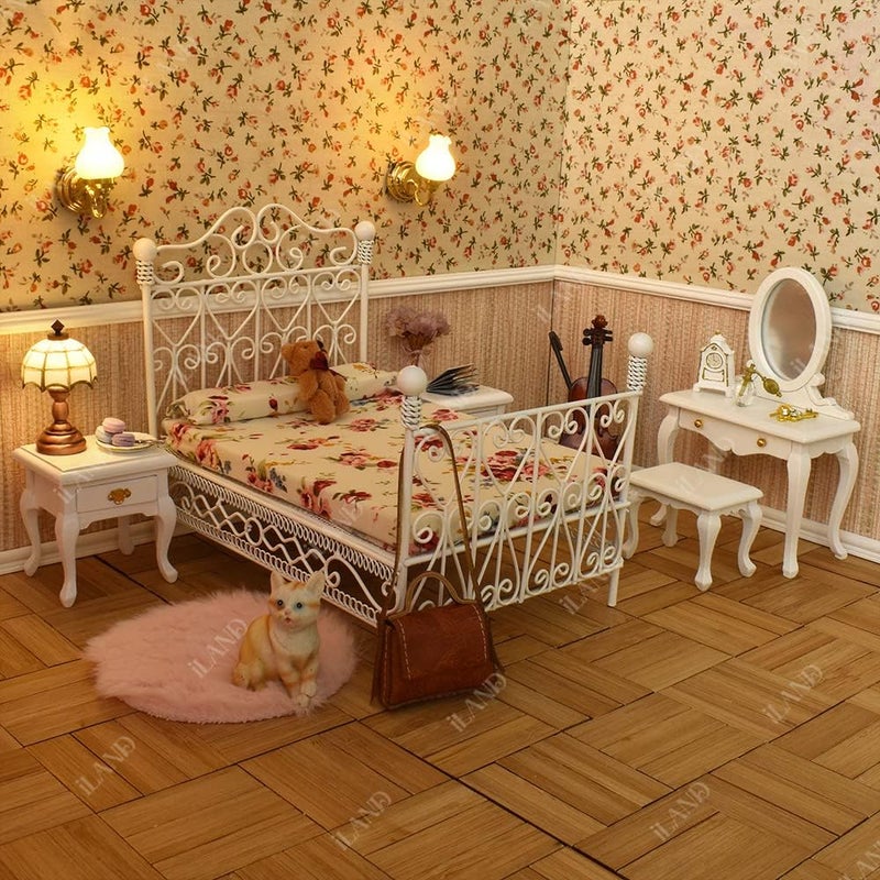 iLAND Victorian Dollhouse Furniture on 1:12 Scale, Dollhouse Bed Set 5pcs - Image 4