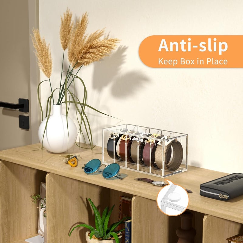 HOMANLY Belt Organizer Acrylic Belt Storage with Dust Cover Compartments Clear Belt Container for Closet Drawer Tie Case Hanger Compact and Functional Organizer (5 Slot) - Image 3