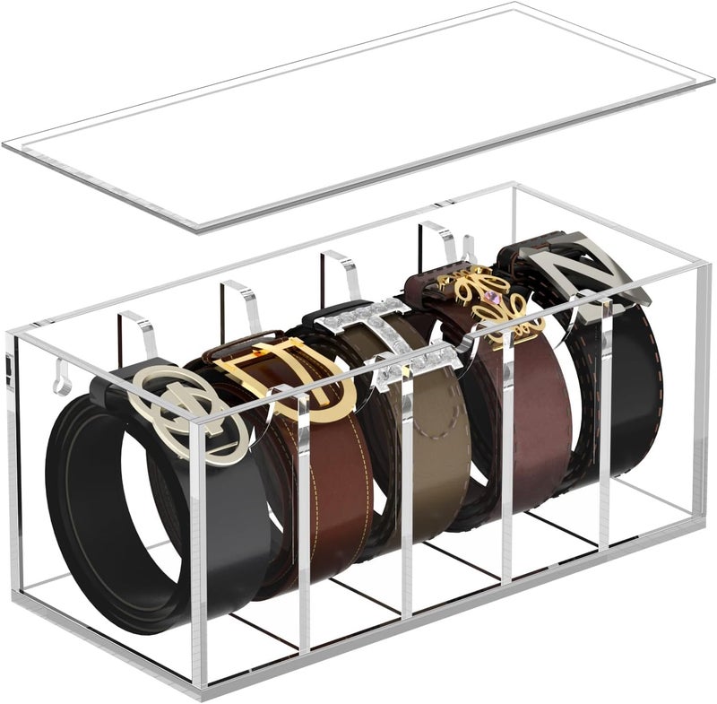 HOMANLY Belt Organizer Acrylic Belt Storage with Dust Cover Compartments Clear Belt Container for Closet Drawer Tie Case Hanger Compact and Functional Organizer (5 Slot) - Image 1