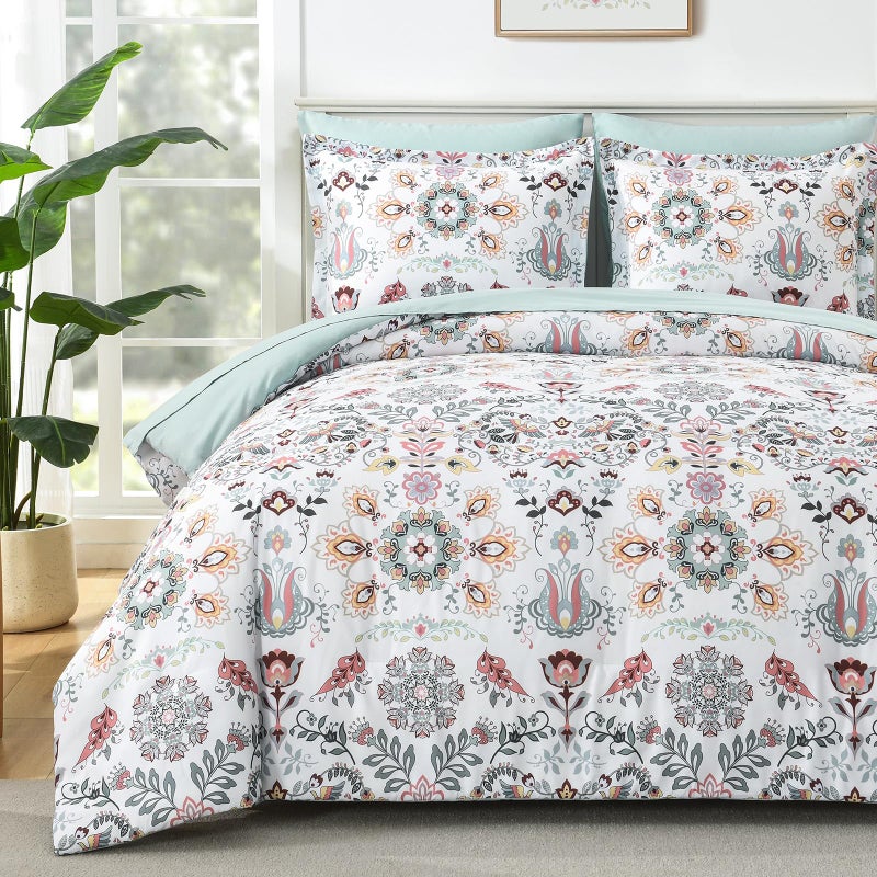 DHSFKBE Boho Comforter Set Queen - 7 Pieces Bed in a Bag Floral Design, Bohemian Comforter Set with Sheets, Soft Microfiber Complete Bedding Sets All Season (Light Green, Queen) - Image 1