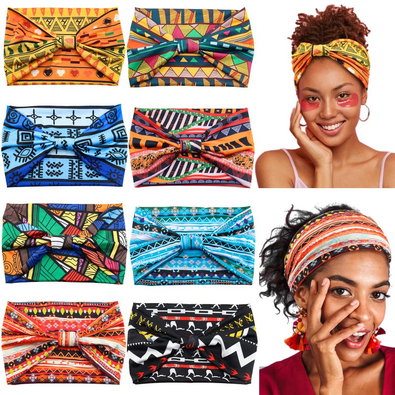 Yeshan Women's Wide Boho Knotted Non-Slip Turban Headwraps - Stretchy Bandeau Hair Bands for Sports, Yoga, Workouts, Pack of 8 - Image 1
