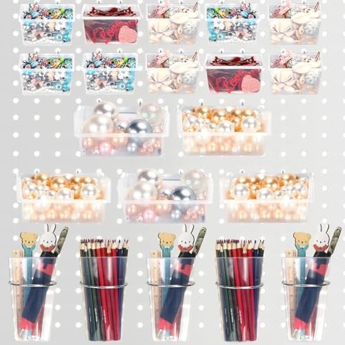 Yookeer 20 Pcs Pegboard Bins and Cups with Hooks and Loops Peg Assortment Organizer Accessories Various Tool Organizer Pegboard Baskets Set for Garage Workshop Workbench Office(Clear) - Image 1