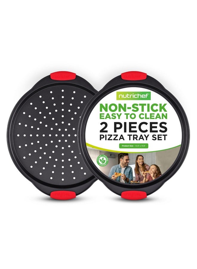 NutriChef صينية بيتزا غير لاصقة من نوتري شيف 2 قطعة 13 بوصة، صينية خبز بيتزا دائرية من الصلب الكربوني غير اللاصق مع ثقوب مثقوبة، شاشة خبز بيتزا متميزة مع مقابض سيليكون، آمنة في غسالة الصحون، NCBPIZX2 - Image 1