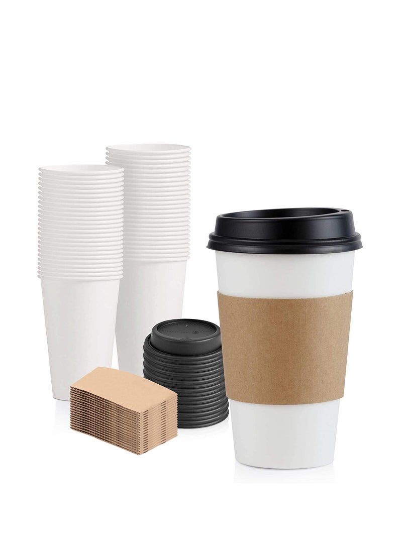 16 oz Hot Beverage Disposable White Paper Coffee Cup with Black Dome Lid and Kraft Sleeve Combo, Medium Grande 50 Pack - Image 1