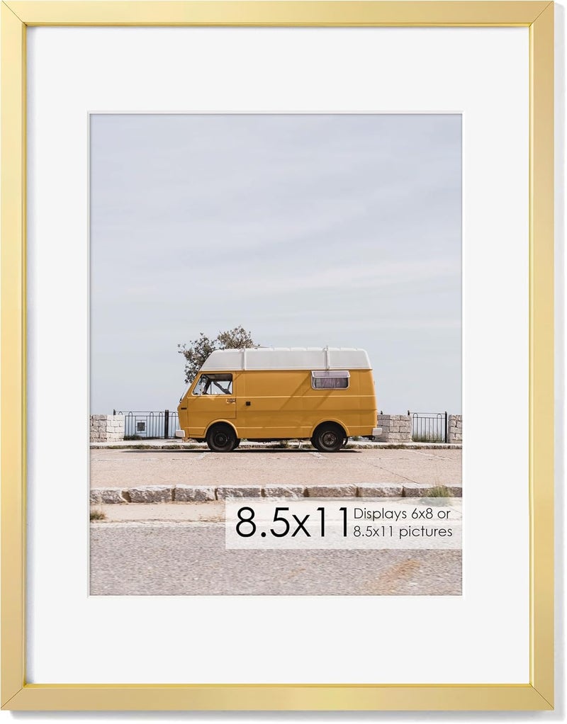 Fun Memories إطار صور معدني 8.5x11 من ذكريات ممتعة - إطارات صور ألومنيوم 8.5x11 مع حشوة 6x8، واجهة بلاكسجلاس عالية الوضوح، وملحقات تعليق - مثالي للعرض على الحائط أو الطاولة (ذهبي، عبوة واحدة) - Image 1