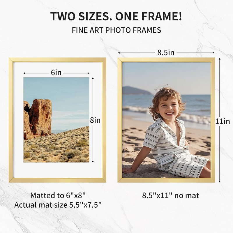 Fun Memories إطار صور معدني 8.5x11 من ذكريات ممتعة - إطارات صور ألومنيوم 8.5x11 مع حشوة 6x8، واجهة بلاكسجلاس عالية الوضوح، وملحقات تعليق - مثالي للعرض على الحائط أو الطاولة (ذهبي، عبوة واحدة) - Image 3