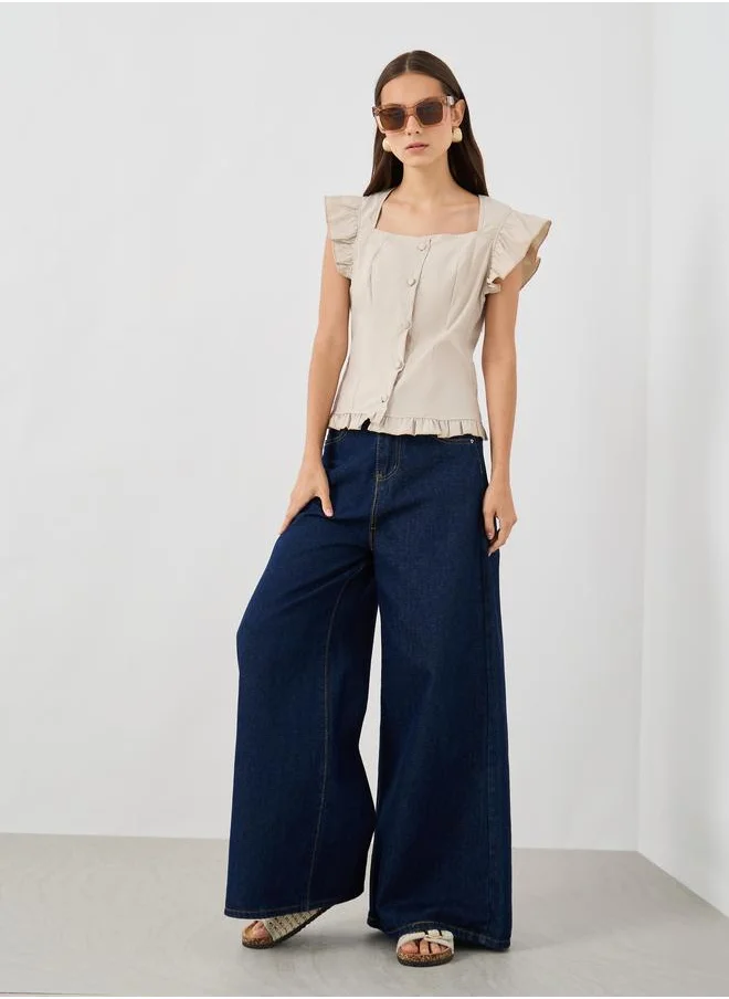 تايك تو Take Two Solid Square Neck Ruffled Sleeve Buttoned Top