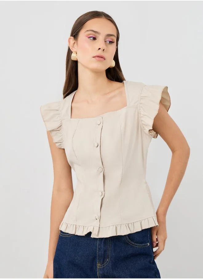 تايك تو Take Two Solid Square Neck Ruffled Sleeve Buttoned Top