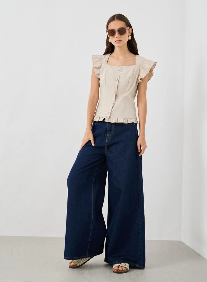 تايك تو بلوزة بأكمام مكشكشة وياقة مربعة من تايك تو