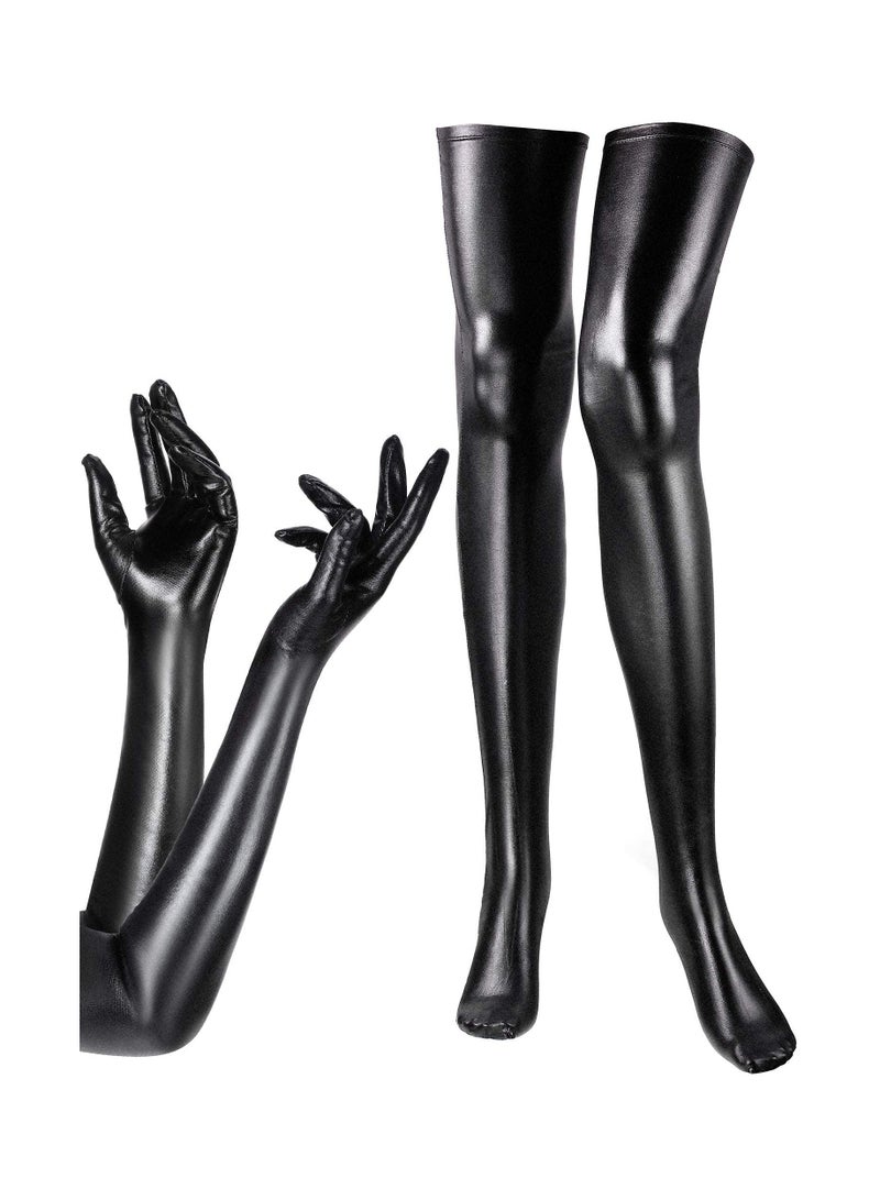 Elegant Black Patent Leather Costume Kit: Long Gloves & Thigh High Knee Socks (35" Socks + 21" Sleeves) for Women’s Show Dance, Weddings, and Prom Events. - Image 1