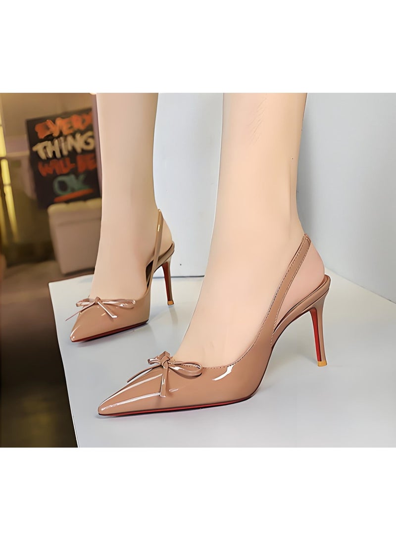 بيج تري المرأة قوس مغلق أشار إصبع القدم مضخات سلينغباك كعب عالي صنادل لون عاري 8CM - Image 3