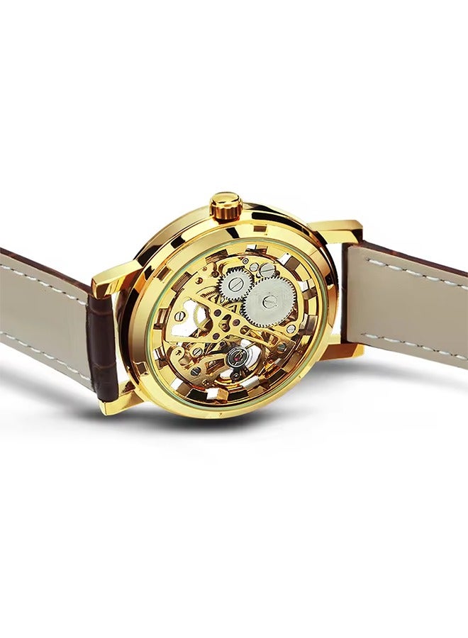 Transparent Luxury Skeleton Mechanical Watches Casual Leather Strap Gold Watch for Men Luminous Hands Retro Wristwatches - Image 4
