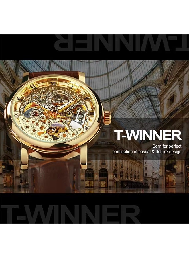 Transparent Luxury Skeleton Mechanical Watches Casual Leather Strap Gold Watch for Men Luminous Hands Retro Wristwatches - Image 2