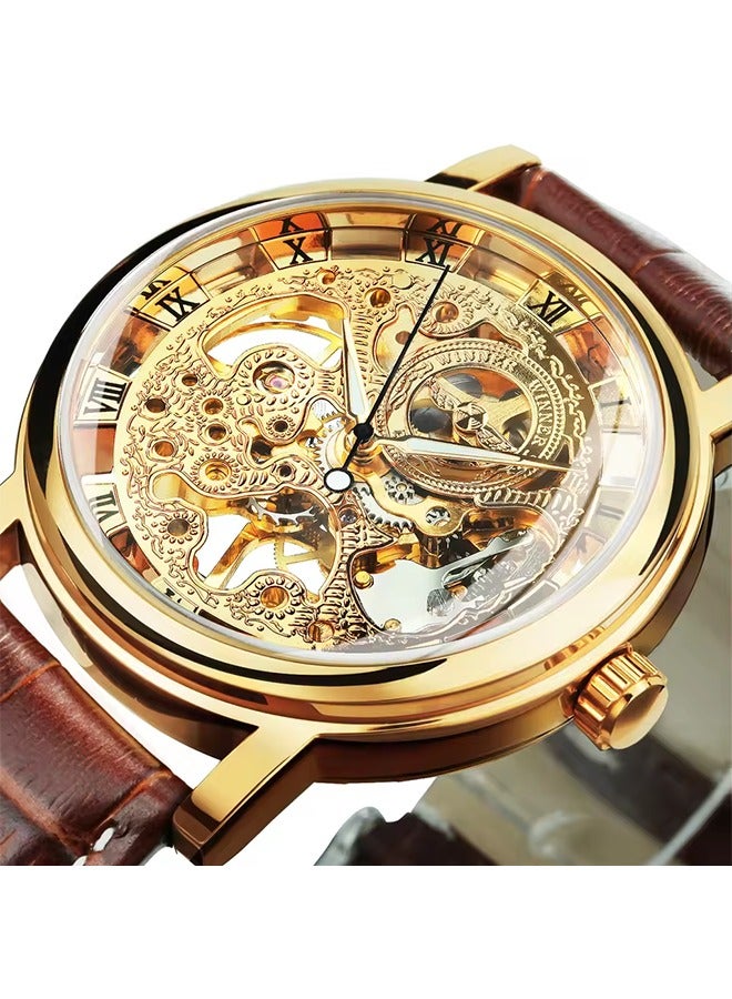 Transparent Luxury Skeleton Mechanical Watches Casual Leather Strap Gold Watch for Men Luminous Hands Retro Wristwatches - Image 1