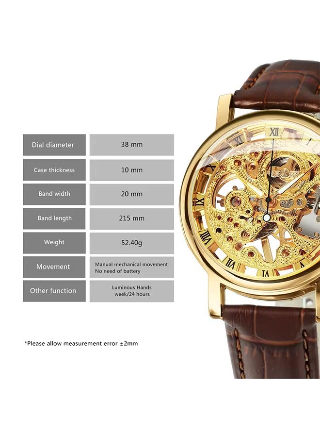 Transparent Luxury Skeleton Mechanical Watches Casual Leather Strap Gold Watch for Men Luminous Hands Retro Wristwatches - Image 5