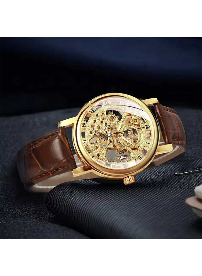 Transparent Luxury Skeleton Mechanical Watches Casual Leather Strap Gold Watch for Men Luminous Hands Retro Wristwatches - Image 3