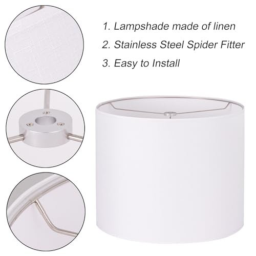 Wellmet 16"x16"x12" Assembly Required Lampshade for Table Lamp, Bedside Lamp, Floor Lamp, Fabric Drum Lampshade Classic Modern Style, Spider Fitter, White - Image 4
