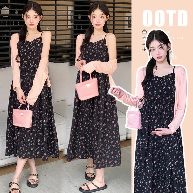 Pregnant Women Summer 2024 New Floral Sling Dress Fashion Suit Stylish Fashionable Summer Skirt Two-piece Set Pink Outer Draped