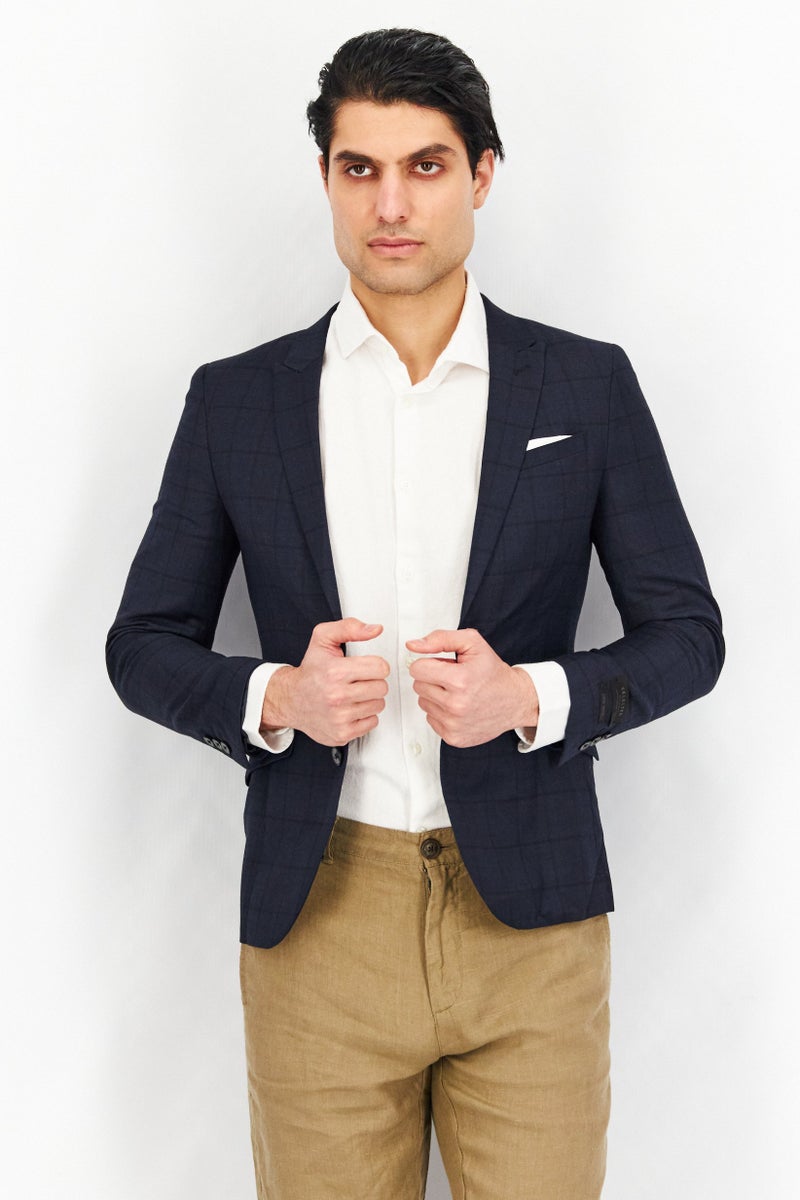 SELECTED Men Regular Fit Plaid Casual Blazer, Navy - Image 1