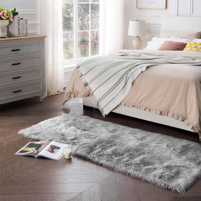 Ciicool Faux Fur Rug for Bedroom, Grey Fluffy Shag for Sofa Couch Seat Cushion, Washable Fuzzy Runner Thick Area Floor Carpets for Bedside Living Room, 2x6 Ft Rectangle - Image 1