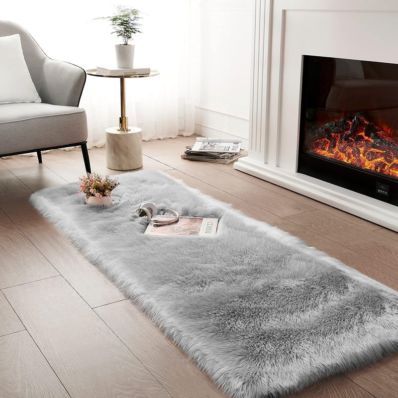 Ciicool Faux Fur Rug for Bedroom, Grey Fluffy Shag for Sofa Couch Seat Cushion, Washable Fuzzy Runner Thick Area Floor Carpets for Bedside Living Room, 2x6 Ft Rectangle - Image 2