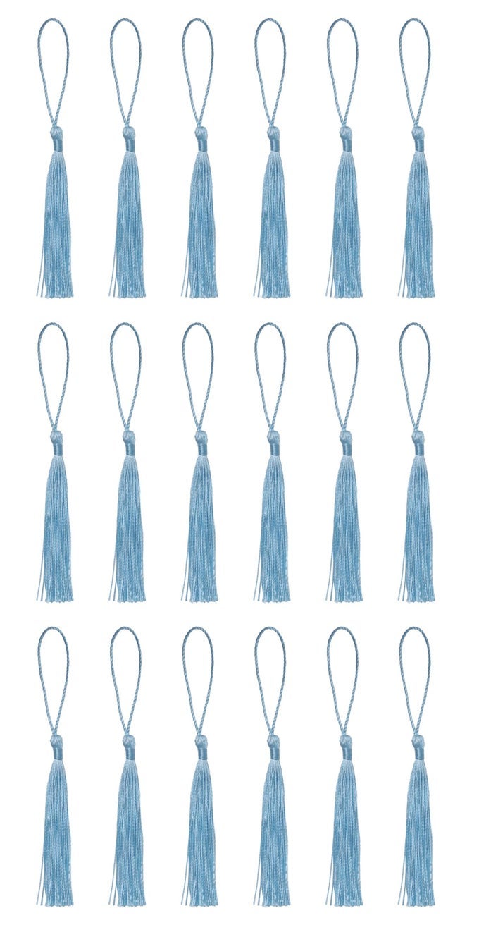 50 PCS TASSEL SILKY SOFT MINI FLOSS HANDMADE TASSELS WITH LOOP FOR BOOKMARK JEWELRY MAKING KEYCHAIN SOUVENIR DIY CRAFTING PROJECT SUPPLIES CHINESE KNOT LIGHT BLUE