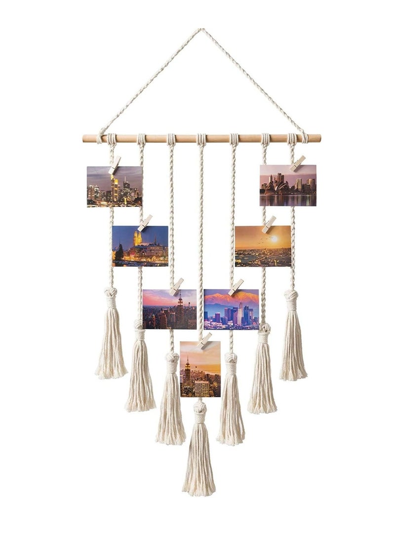 LIMOS Macrame Hanging Photo Display – Boho Wall Hanging Picture Organizer with 25 Wooden Clips for Home, Living Room & Bedroom Décor – Ivory White" - Image 1