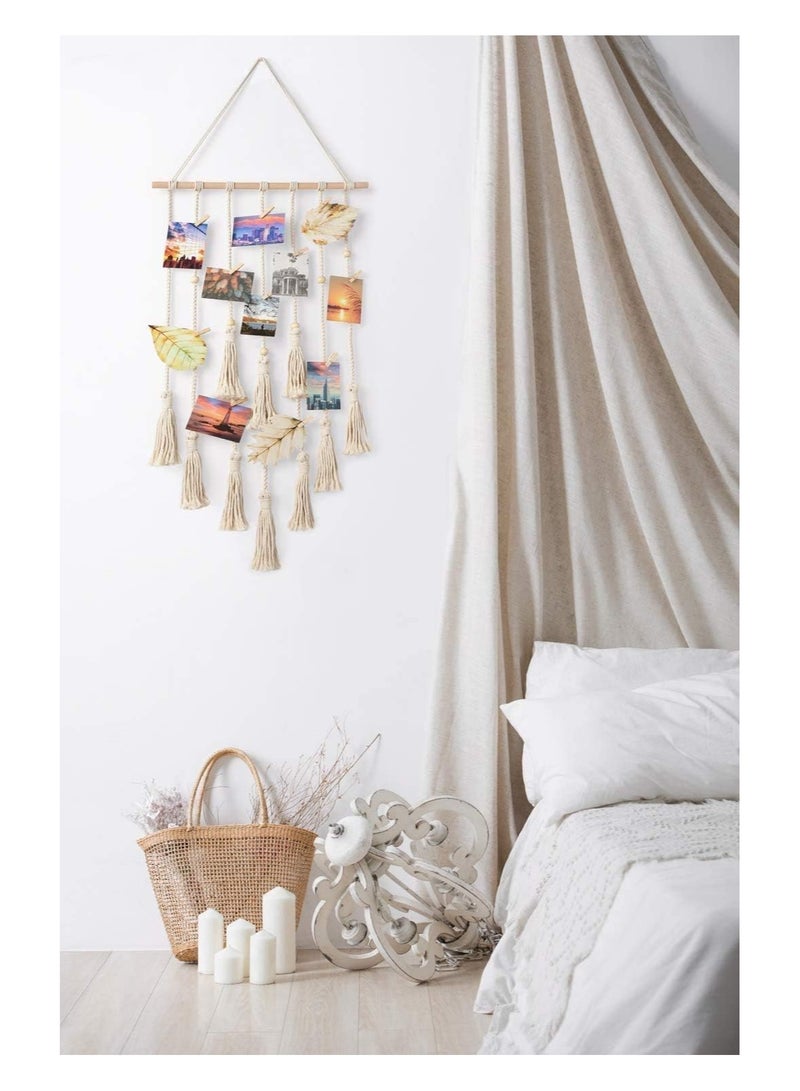 LIMOS Macrame Hanging Photo Display – Boho Wall Hanging Picture Organizer with 25 Wooden Clips for Home, Living Room & Bedroom Décor – Ivory White" - Image 5
