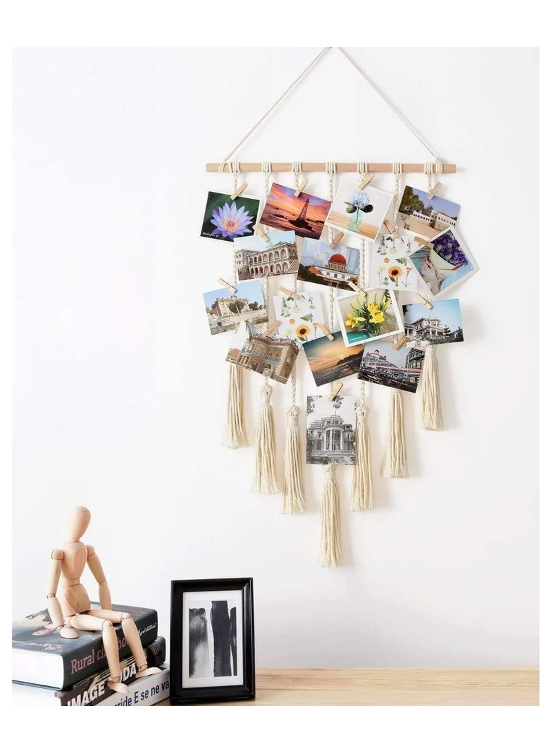 LIMOS Macrame Hanging Photo Display – Boho Wall Hanging Picture Organizer with 25 Wooden Clips for Home, Living Room & Bedroom Décor – Ivory White" - Image 3