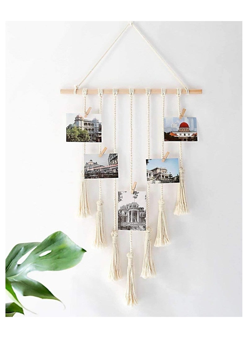 LIMOS Macrame Hanging Photo Display – Boho Wall Hanging Picture Organizer with 25 Wooden Clips for Home, Living Room & Bedroom Décor – Ivory White" - Image 4