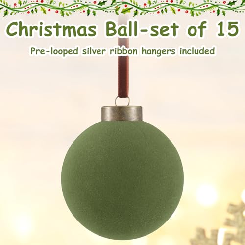 Liliful 15 Pcs Velvet Christmas Balls Bulk Flocked Christmas Tree Ball Ornaments Plastic Xmas Decorative Hanging Ornaments(Green,3.15 Inch) - Image 4