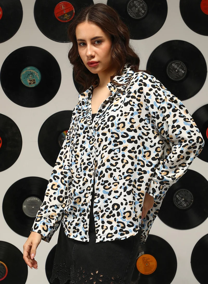 كامبوس سوترا Women's Ivory White Leopard Oversized Shirt