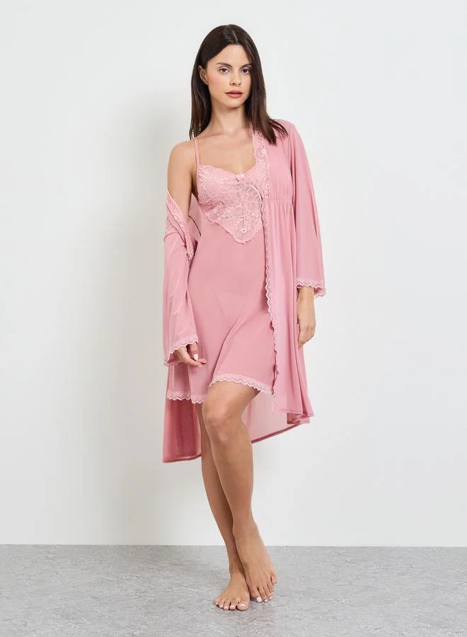 Take Two Pink Lace Trim Slip And Robe Set