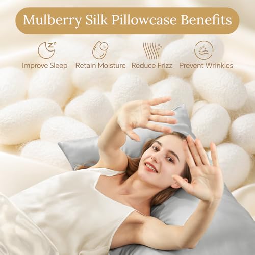 INFIIXSO Mulberry Silk Pillowcase for Hair and Skin, Silk Pillow Cases Queen Size Set of 2 with Hidden Zipper 20x30 Inches, Ultra Soft Cooling Pillow Cases for Hot Sleepers(Light Grey, 2 Pack) - Image 2